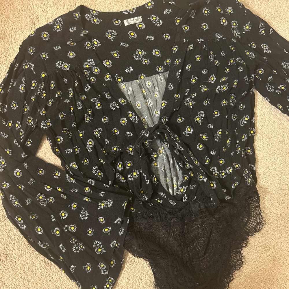 Free People Black Floral Bodysuit